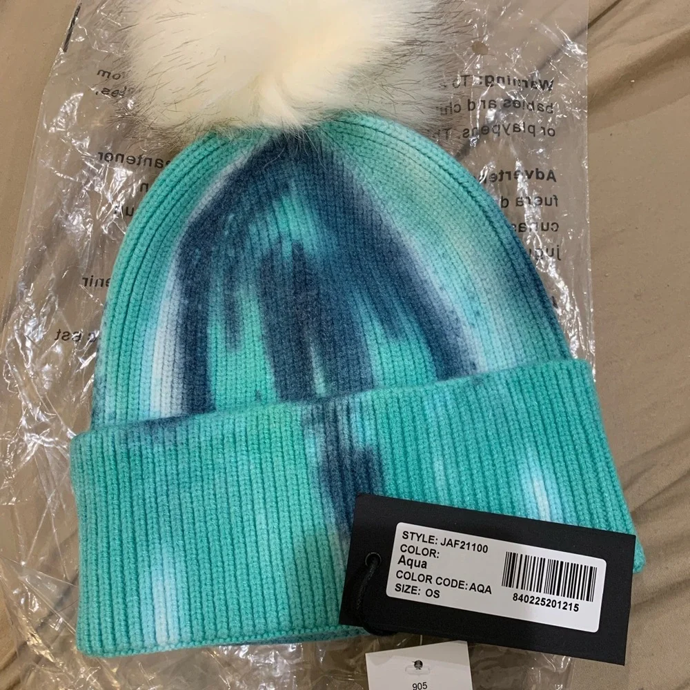 jocelyn Aqua Tie-Dye Beanie with White Pom